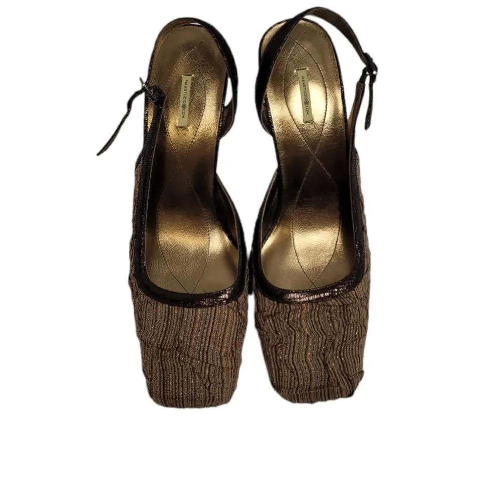 MAX STUDIO heels metallic bronze brown square toe fabric and leather slingback 8